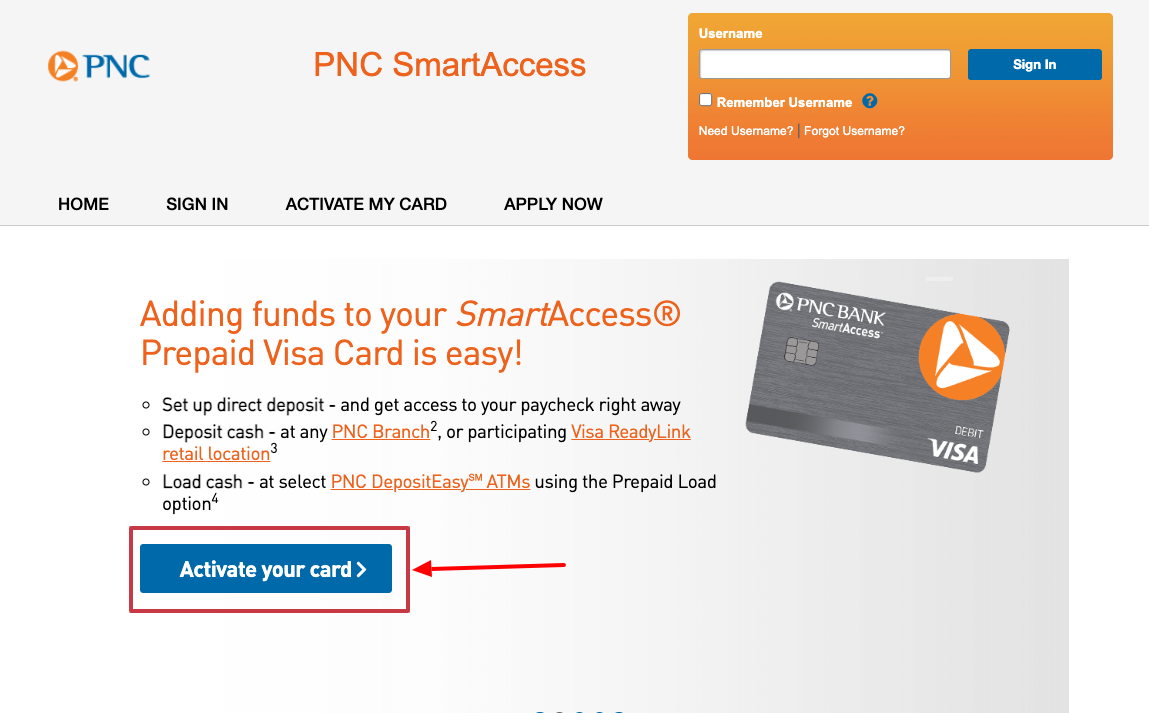 pnc smart accesss activate you card page