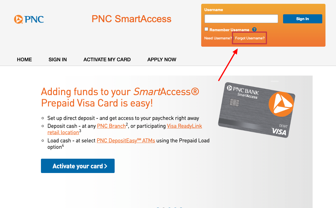 pnc smart accesss forgot username page