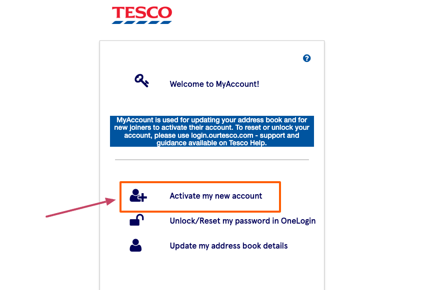 Tesco eLearning Activate new account page