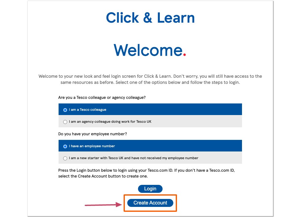 Tesco eLearning Portal create account page